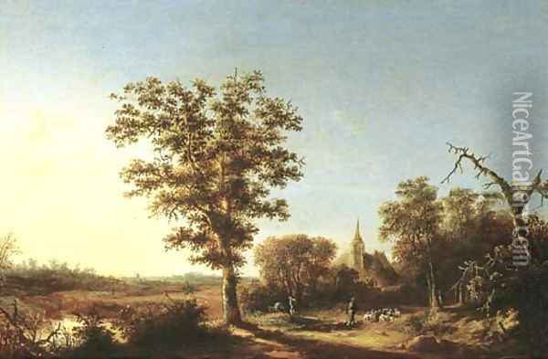 A wooded landscape with a shepherd and his flock, a church beyond Oil Painting - Willem Schellinks
