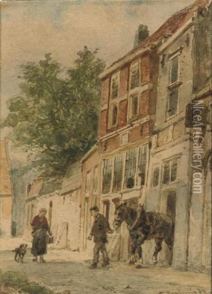 Figures On A Sunlit Street, Culemborg Oil Painting - Cornelis Springer