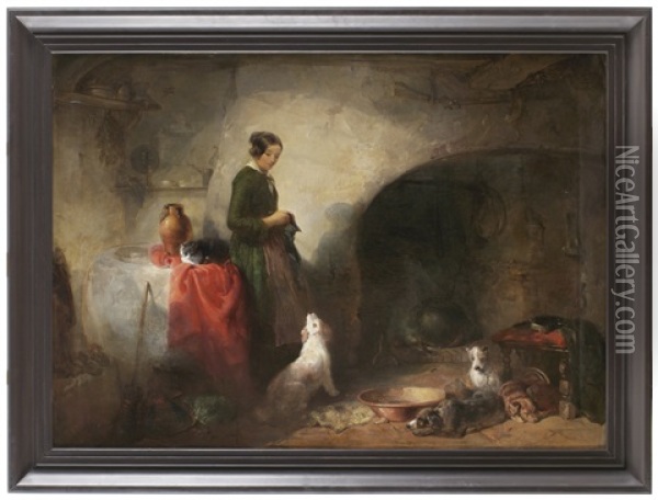 Koksinterior Med Kvinna Som Stickar; En Katt Och Hundar Som Sover Oil Painting - Sir Edwin Henry Landseer