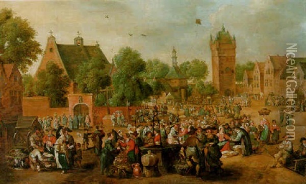 A Market In A Town Square With A Boy Flying A Kite Oil Painting - Hans Jordaens III