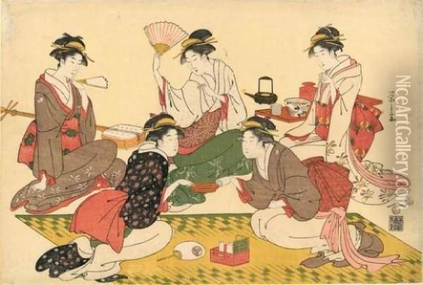 Cinq Jeunes Femmes Assises Prenant Une Collation. Oil Painting - Chobunsai Eishi
