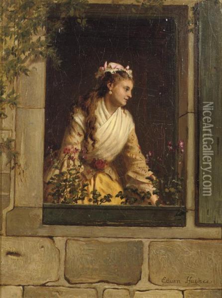 A Girl In A Window Oil Painting - Edwin Hughes
