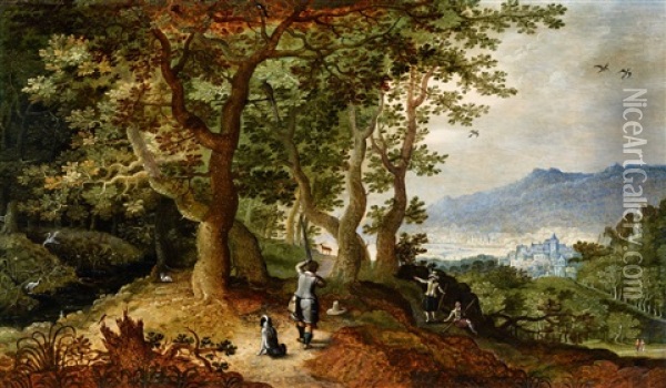 Wooded Landscape With Hunters Oil Painting - Gillis Van Coninxloo III