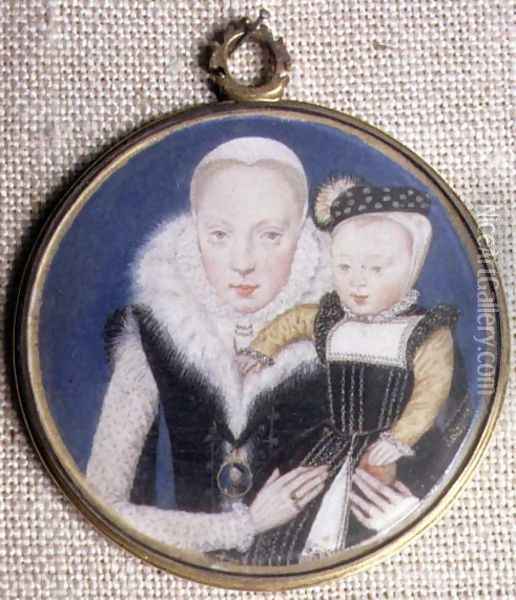 Portrait miniature of Lady Katherine Seymour, nee Grey c.1538-68 Countess of Hertford, holding her infant son and wearing her husbands miniature, c.1562 Oil Painting - Lievine Teerlink