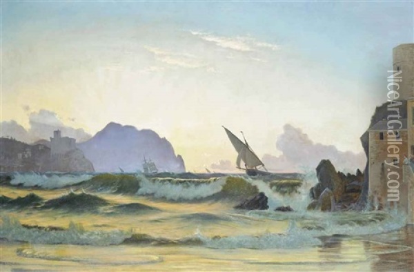 Sunset On A Mediterranean Shore, Possibly Gibraltar Oil Painting - Christian Blache