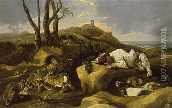 Spaniels Stalking Rabbits In The Dunes, A View Of The Sea Beyond Oil Painting - Jan Fyt
