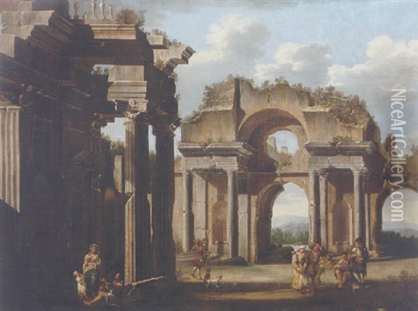 An Architectural Capriccio Of Ruins With A Family Resting Before A Portico, Other Figures Playing Music And Dancing, And A Sportsman Shooting Oil Painting - Niccolo Codazzi