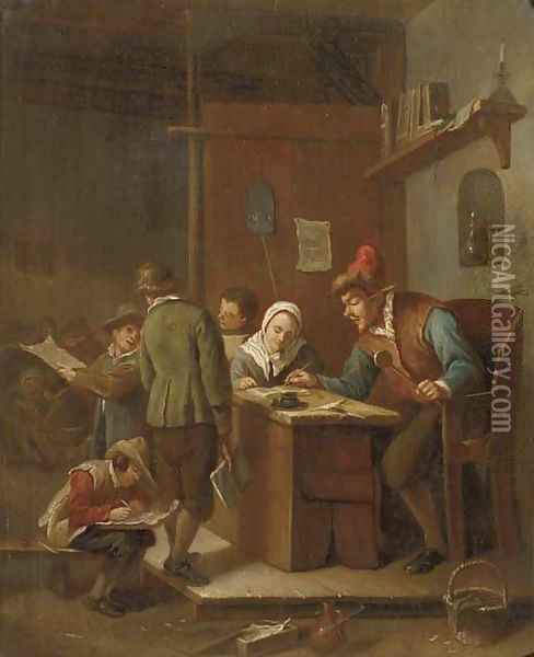 A classroom interior with a school master correcting pupils' papers Oil Painting - Jan Steen
