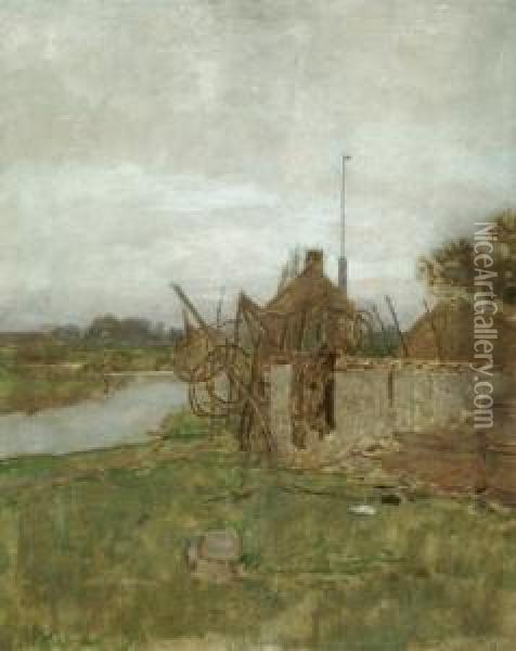 Dutch River Landscape With Fishnets Oil Painting - Eugene Jettel