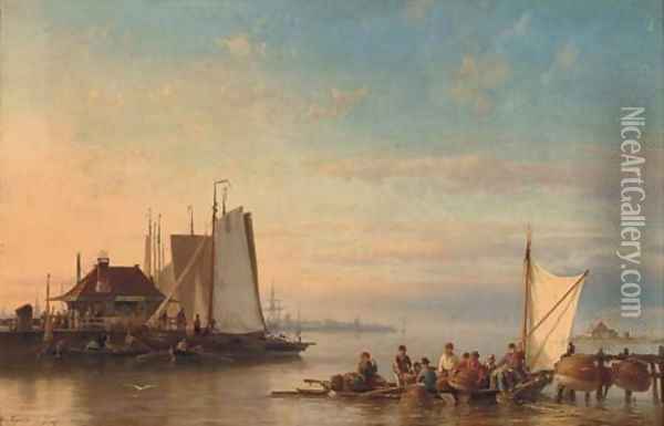 Calm water, with fishing boats at [sic] the river near Amsterdam Oil Painting - Hermanus Jr. Koekkoek