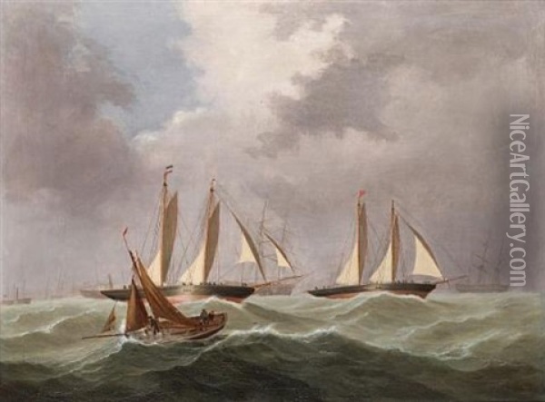 Racing Schooners Neck-and-neck In A Rising Sea Oil Painting - George Gregory