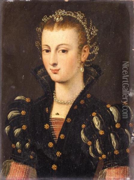 Portrait Of A Noblewoman Half Length Wearing A Black 

 Dress And An Elaborate Headress Said To Be Elisabeth De 

 Valois Oil Painting - Francois Clouet