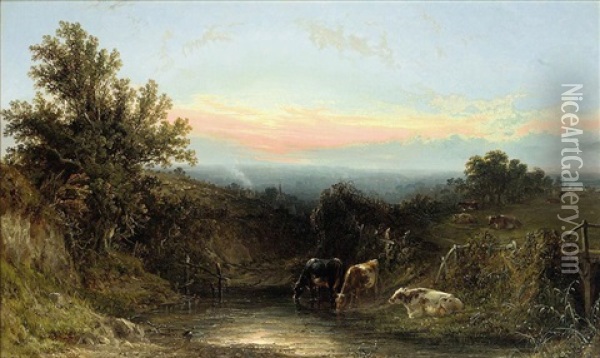 Cattle Watering By A Stream At Sunset Oil Painting - John Frederick Tennant