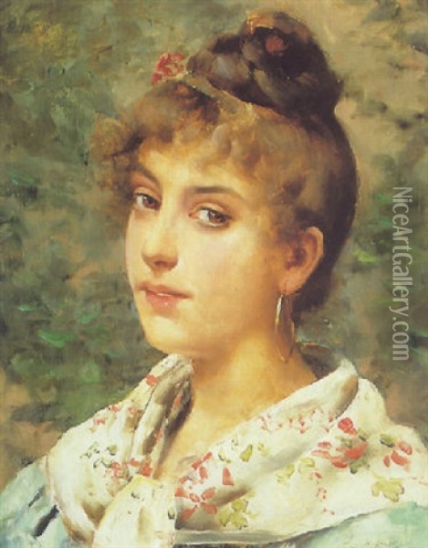 A Beauty With A Shawl Oil Painting - Leo A. Malempre