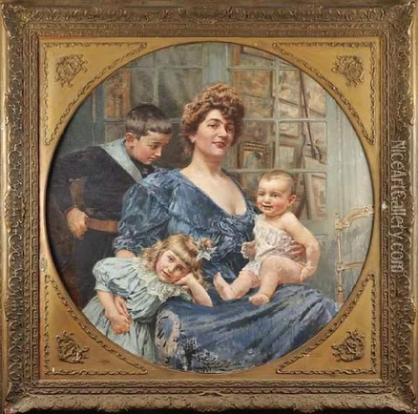 Portrait De La Famille De L'artiste Dans Son Atelier Oil Painting - Ferdinand Joseph Gueldry