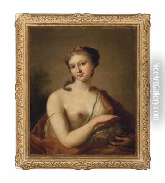 Portrait Of A Lady As Summer, Bust-length, Wearing An Orange Robe Over One Shoulder, Holding A Basket Of Fruit Oil Painting - Giovanni Antonio Pellegrini