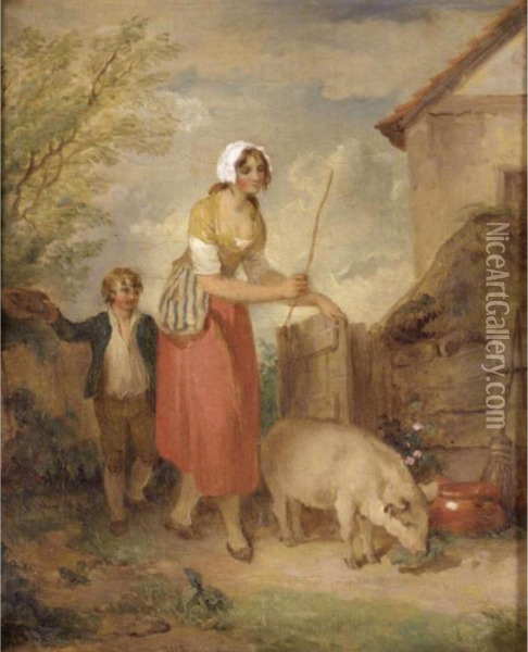 A Young Woman And Boy With A Pig Outside A Cottage Oil Painting - Francis Wheatley