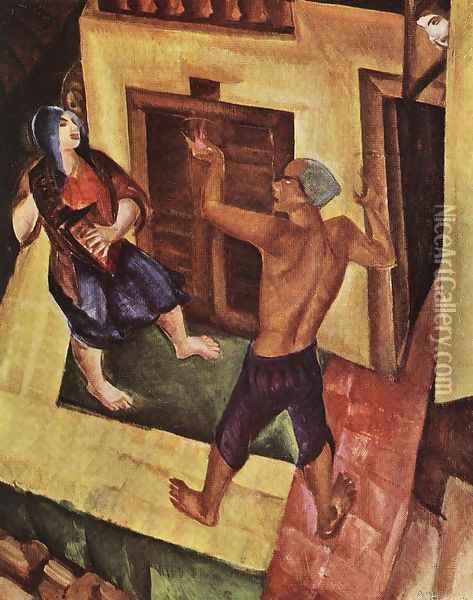 Kintornasok (Tuzevo vandorartista), 1927 Oil Painting - Gyula Derkovits