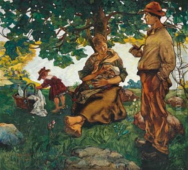 A Family Picnicking Near A Rocky Coast Oil Painting - Alexander Koulkoff
