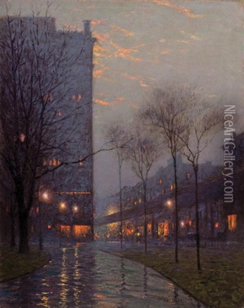 Bryant Park At Evening, New York Oil Painting - Lovell Birge Harrison