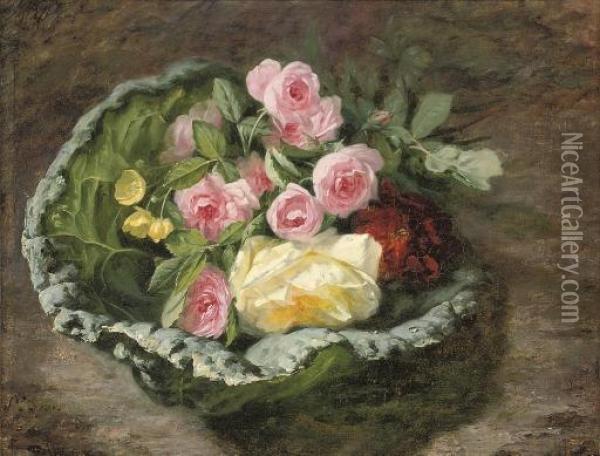A Bouquet Of Roses And Buttercups On A Mossy Bank Oil Painting - Simon Saint-Jean