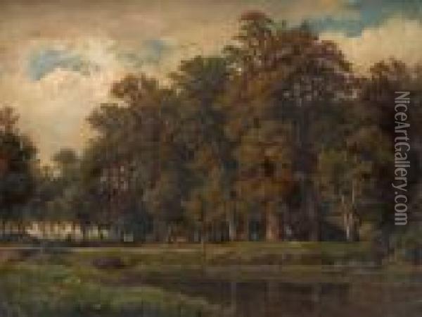 Wooded River Scene,figure And Cow In The Middle Ground Oil Painting - Anthonie Jacobus Van Wyngaerts