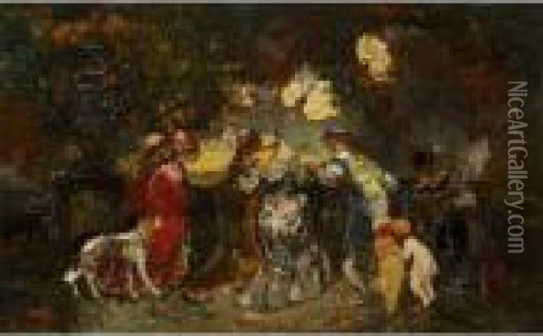 :femmes Et Enfants Sur La Terrasse Oil Painting - Adolphe Joseph Th. Monticelli