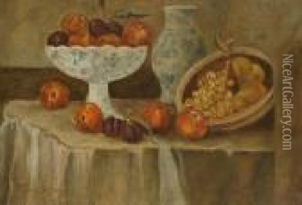 Still Life Of Fruit And Blue And White Porcelain On A Table Oil Painting - Pierre-Cecile Puvis De Chavannes