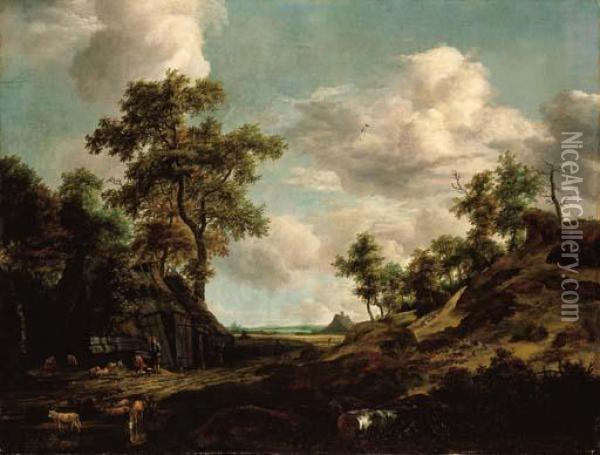 An Extensive Wooded Landscape With A Shepherd And His Flock By An Old Barn Oil Painting - Jacob Van Ruisdael