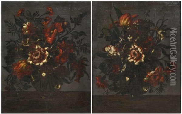 Nature Morte Con Vasi Di Fiori (pair) Oil Painting - Francesco Mantovano