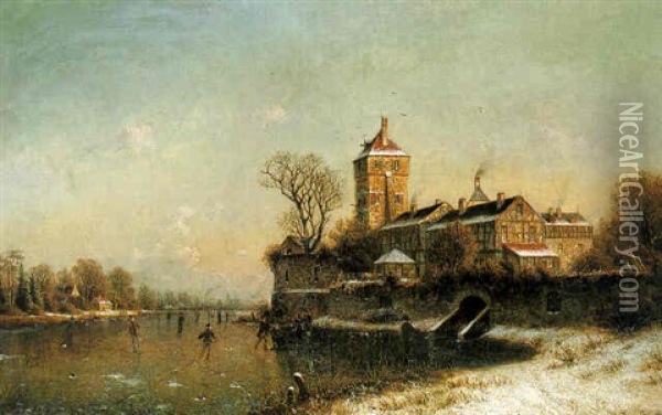 Figures On A Frozen River Before A Town Oil Painting - Johannes Bartholomaeus Duntze