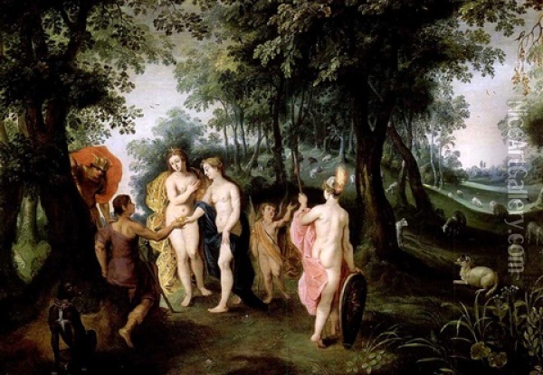 Aphrodite Entouree D'athena Et De Hera, Recoit La Pomme D'or De Paris Oil Painting - Jan Van Balen