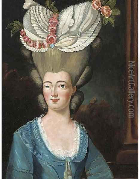Portrait of a lady, bust-length, in an elaborate floral headress Oil Painting - French School
