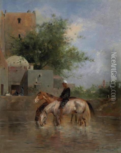 Watering Horses, Egypt Oil Painting - Eugene Fromentin
