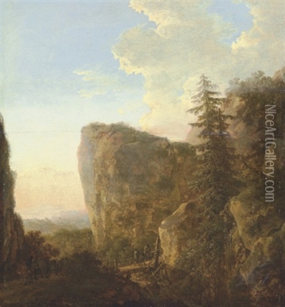 A Mountainous Landscape With Travelers Crossing A Bridge Oil Painting - Jan Dirksz. Both