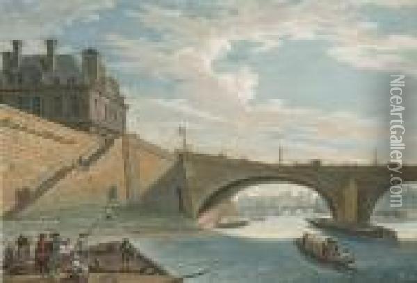 A Ferry On The Seine Below The Pont Royal, Paris Oil Painting - Jean-Baptiste Lallemand