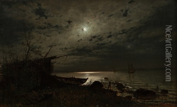 Moonlight Over The Sea Oil Painting - Magnus Hjalmar Munsterhjelm
