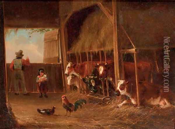 Helping father in the stable Oil Painting - Augustus Knip