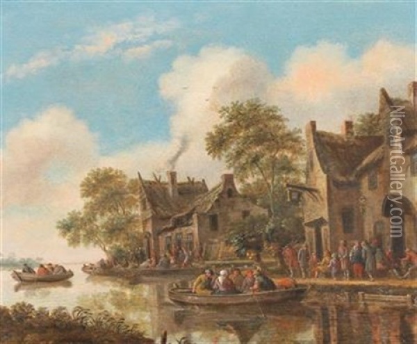 River Landscape With Ferry Boats And A Tavern Oil Painting - Thomas Heeremans