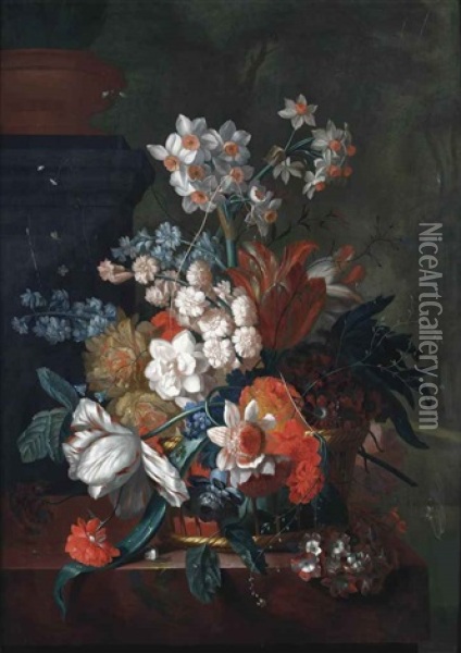 Tulips, Peonies, Roses And Various Other Flowers In A Wicker Basket, With A Snail On A Marble Ledge Oil Painting - Jacob van Huysum