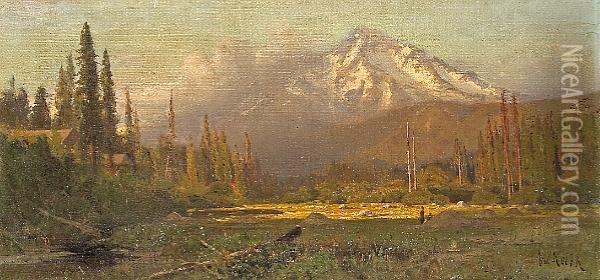 Cabin Hideaway Near A Sunlit 
Clearing With A Mountain In The Distance, Thought To Be Mt. Shasta Oil Painting - William Keith