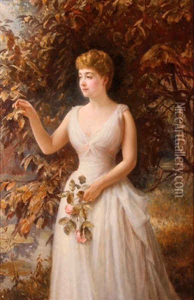 A Debutante With Roses Oil Painting - Edward Hughes