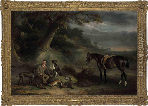 Charles Hibbert Of Baldock, 
Hertfordshire With A Bay Hunter, Two Pointers And The Day's Bag On 
Letchworth Common Oil Painting - John Snr Ferneley