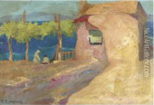 House And Figures By The Sea Oil Painting - Michalis Economou