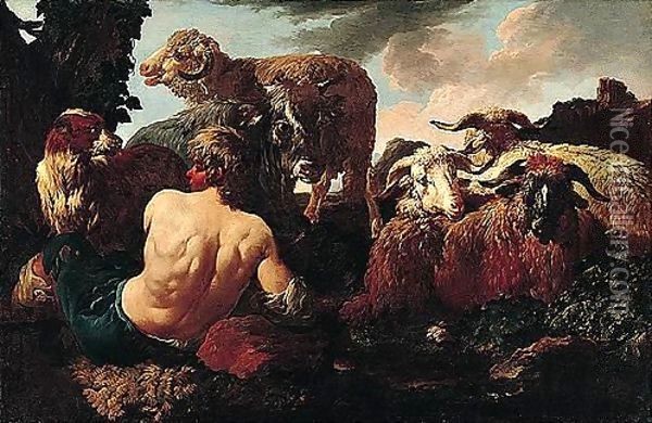 A Shepherd Resting With His Flock And A Cow Oil Painting - Philipp Peter Roos