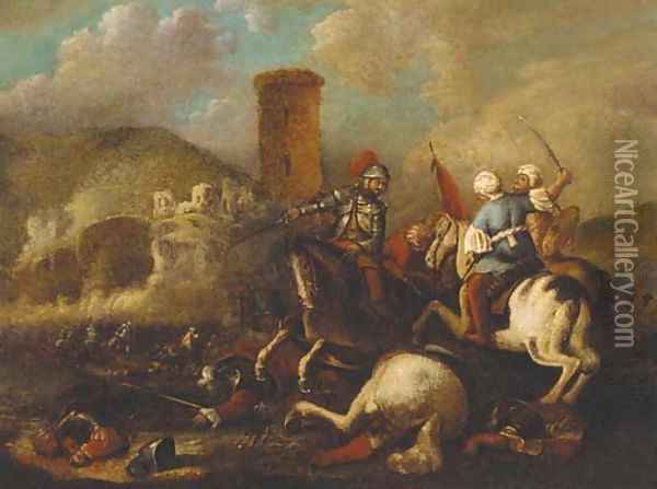A cavalry battle between Christians and Turks near a fort Oil Painting - Aniello Falcone