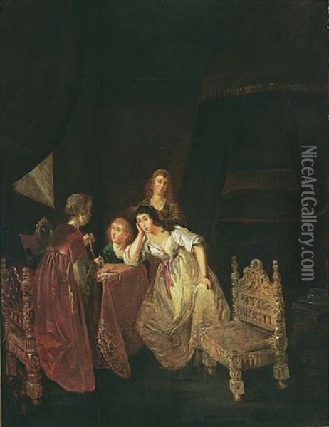An Interior With A Maid Showing Pearls To Ladies, Another Maid Beyond And A Bed In The Background Oil Painting - Willem De Poorter