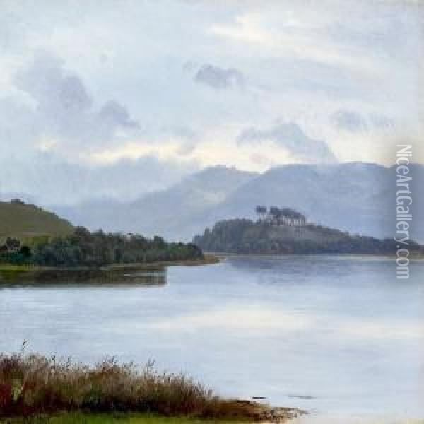 Lake Scenery Withhillsides Oil Painting - Harald Foss