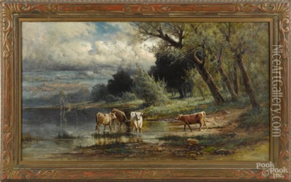 Landscape With A River And Cows Oil Painting - Carl Philipp Weber