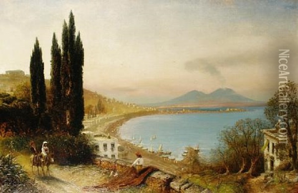 Figures On A Track With The Bay Of Naples Beyond Oil Painting - Albert Arnz